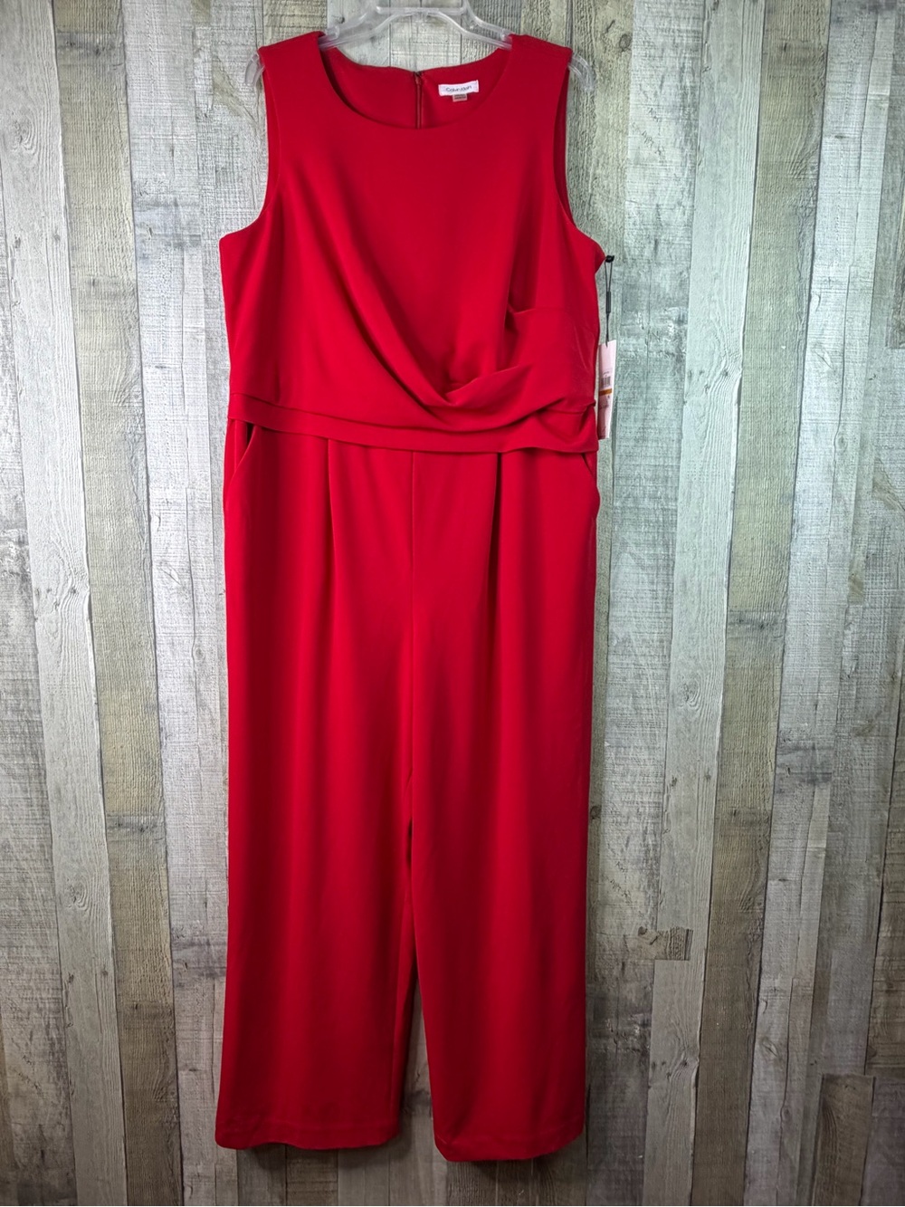 Calvin Klein 16W Red Sleeveless Wide Leg Jumpsuit Draped Cowl Neck & Pockets